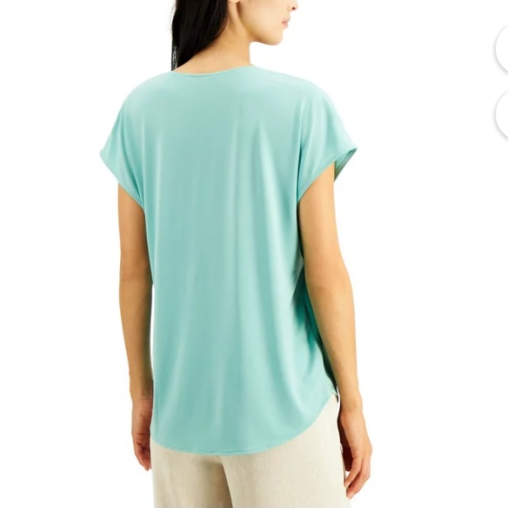 Alfani Aqua blue /green satin look mixed media drawstring blouse cap sleeve - Picture 2 of 9